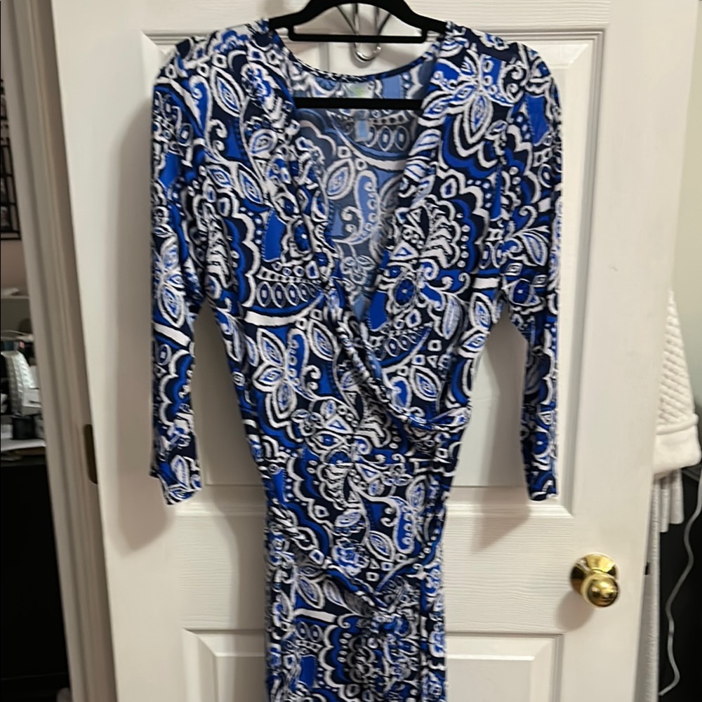 Blue and White V-Neck Bodycon Dress